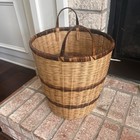 Vintage Large Tall Round Striped Wicker Basket With Handles