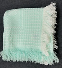 Vintage Atkins Blue Woven Baby Blanket Japan Waffle Weave Fringed Fringe Excelnt