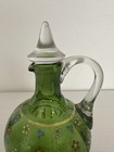 Antique Green Blown Glass Cruet Decanter Vintage Hand Painted Floral Ewer Stop