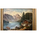 Vintage 60s Mcm Framed Oil Painting Board Lake Boats Mountain Scene Signed House