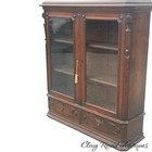Antique Burl Walnut Victorian Double Door Bookcase Cabinet With Two Drawers 19th