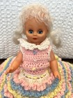 Vintage Crochet Bed Pillow Dresser Doll Pastel Dress Blinking Blue Eyes Plastic