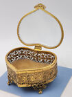Vtg Gold Filigree Metal Ormolu Trinket Jewelry Box Heart Casket Beveled Glass 5 