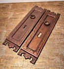 Pr  Vintage Antique Arts   Crafts Brass Doorknob Escutcheon Plates Rustic Zigzag