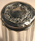 Antique Sterling Silver Repousse Top Glass Vanity Powder Jar