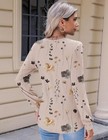 Floral Tunic Women Long Sleeve Crew Neck T Shirt Pleated Blouse Brown Beige Tops