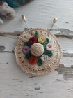 Vintage Needlecase Hand Crocheted Ladies Hat Thimble Holder Cream With Flowers