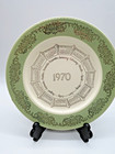 Vtg Ceramic 1970 Calendar Plate Green Band Rim Gold Gilt Overlay Floral Design
