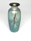 Blue Luster Vase With Red Feather Design  By Saul Alcaraz  Blown Glass