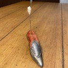 Antique Metal Shoe Pin Cushion W Hat Pin Red Velvet Victorian Style Jb 515