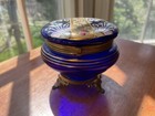 Art Nouveau Legras French Antique Enameled Flowers Cobalt Glass Covered Jar 