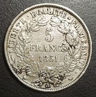 1851-a France 5 Francs Large Old Silver Cleaned Coin Km 761
