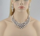 Vine Silver Faux Pearl White Austrian Rhinestone Bib Necklace Earrings Set N922