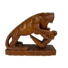 Vintage Hand Carved Wood Tiger Attacking Man Statue Sculpture Figurine Art Decor