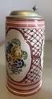 Vintage German Beer Stein Handpainted Porcelain Red Floral Pewter Lid 8 