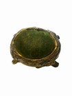 Vintage Art Nouveau Footed Brass Metal Pin Cushion Green Velvet Floral Motif