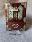 Vtg Chinese Wooden Jewelry Box Jade Inlay Brass Filigree W  Orig Lock   Keys