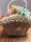 1960s Vintage White Wicker Child   s Purse With Flower Button And Loop Closure