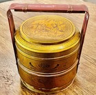 Antique Chinese Japanese Painted Bamboo Two Tiered Large Basket Gold Red Handle