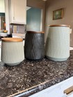 Crate   Barrel Ethan Green Ceramic Canisters Set Of 3 Wood Lids 28oz 10in