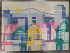 Vtg Painted Ladies San Francisco Full House Art Fabric Mod Wall Hanging 44 x32  
