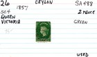 Ceylon 1857 Queen Victoria 2 Pence Postage Stamp Green Sc 4 Sa 488