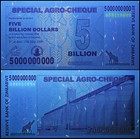 Zimbabwe 5 Billion Dollars Special Agro Cheque  2008  P-61  Used