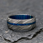 Damascus Steel Ring Mens Wedding Band Blue Wood Inlay Modern Groom