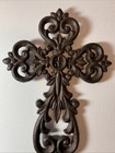 Fleur De Lis Wall Cross Cast Iron Floral Leaves Ornate  Victorian Style 10  X 7 