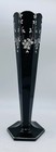 Tall Heavy Antique C 1880 Bohemian Harrach Black Faceted Glass Vase W  Enamel