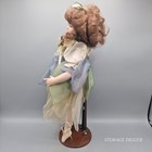 Vtg Porcelain Doll Green Dress Brown Hair Wooden Stand Decorative Collectible