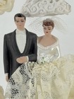 Vintage Art Deco Bride Groom Wedding Topper Bell Clapper Lace Ceramic Stand Silk