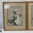 2 Vintage Original Asian Silk Paintings Art Butterfly Bird Flowers Framed 8x10
