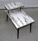 Vintage Mcm White Marbled Formica Two-tier Step End Table  Mid Century Modern