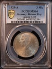 1929-a Germany   weimar Republic  Lessing Silver 3 Mark - Pcgs Ms64  Excellent 