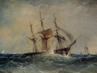 Beautiful Antique Marine Watercolour Painting 3-mast Tall Ship Boats Choppy Sea