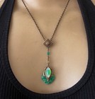 Vintage Necklace Art Deco Lavalier Pendant Antique Peking Green Czech Glass Drop