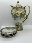 Antique Nippon Hand Painted Chocolate Pot W  3 Saucers Gold Moriage Floral
