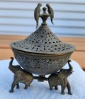 Antique Indian Pierced Bronze Brass Incense Burner Elephants Design W  Lid