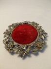 Antiqued Silver Tone Color Metal Red Velvet Pin Cushion Victorian Style 