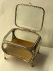 Vintage Matson Jewelry Casket Trinket Box Ormolu Gold Filigree Beveled Glass