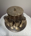 Vtg Gold Toned Metal Filigree Four Lipsticks Holders W central Lidded Container