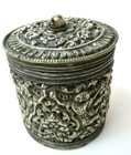 Ornate Sterling Silver Burmese Betel Nut Box Figural Repousse With Agate Top