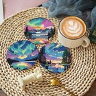 8 Pcs Aurora Diamond Art Coasters Kits With Holder  Landscape Diamond Painting C