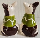 Bull Terrier Type Dog Porcelain Salt   Pepper Shakers Green Sweaters 3 5 8  Tall
