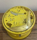 Antique Yellow Glass Gold Hand Painted Hinged Lid Trinket Dish Powder Jar Vanity