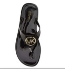 Michael Kors Women   s Sz 11 M Lillie Jelly Thong Sandals Black gold Mk Logo New