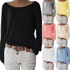 Womens Solid Long Sleeve Casual T-shirt Ladies Loose Basic Tee Shirt Blouse Tops