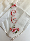Vintage Handkerchief Delicate Pink Floral Design Embroidered On White Cotton