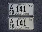 1955 Colorado Passenger License Plate Plates Pair   Set - Nice Original